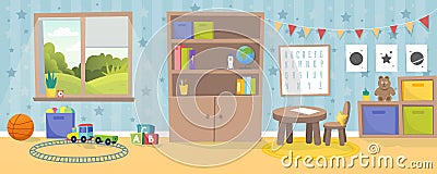 Kindergarten or kid room interior vector illustration. Empty cartoon background with child toys, tables and drawer boxes. Modern Vector Illustration