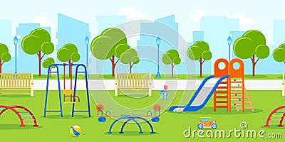 Kindergarten or kids playground in city park. Vector horizontal seamless background. Leisure and outdoor activities. Vector Illustration