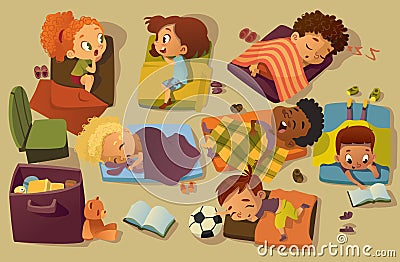 Kindergarten Nap Time Kid Vector Illustration. Preschool Multiracial Children Sleep on Bed, Girl Friend Gossip. Little Vector Illustration