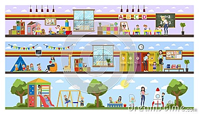 Kindergarten or nursery building interior with children Vector Illustration