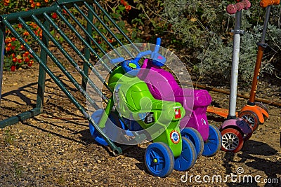 Kindergarten parking place for toys, Kfar Glikson, Israel Editorial Stock Photo