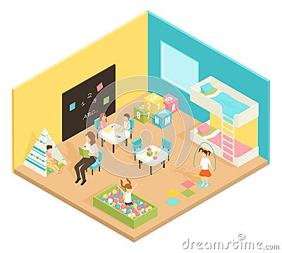 Kindergarten Play Room Isometric Design Concept Vector Illustration