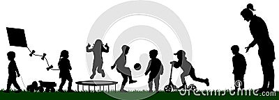 Kindergarten with playing children. Socialization of children. Playground with kids silhouette vector. Mom pushes her son to play Vector Illustration