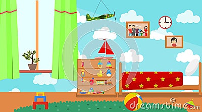 Kindergarten room. Empty playschool room with toys and furniture. Cartoon kids bedroom interior. Home childrens room with kid bed Cartoon Illustration