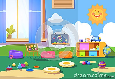 Kindergarten room. Empty playschool room with toys and furniture. Kids playroom cartoon vector interior Vector Illustration