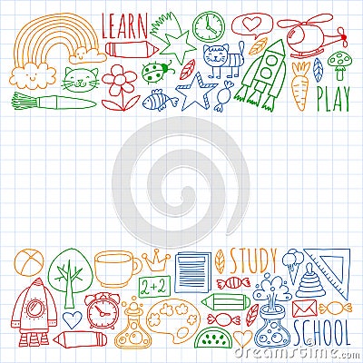 Kindergarten and school online education. Lessons for little boys and girls. Vector Illustration