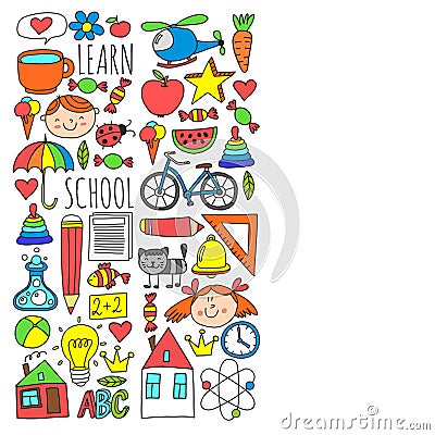 Kindergarten and school online education. Lessons for little boys and girls. Vector Illustration