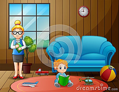 Kindergarten teacher with a boy in activity room Vector Illustration