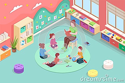 Kindergarten teacher read book to kids, isometric Vector Illustration