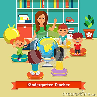 Kindergarten teacher teaching kids geography Vector Illustration