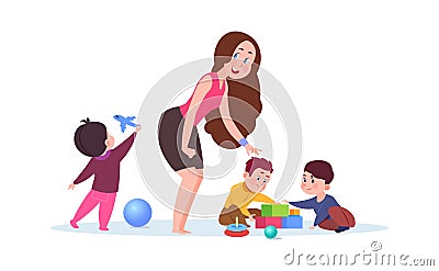 Kindergarten time. Cute cartoon toddlers, adorable teacher. Young nanny or babysitter and playing kids vector Vector Illustration