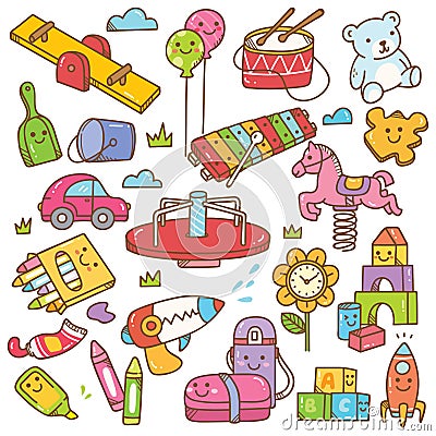 Kindergarten toys and equipment doodle set Stock Photo