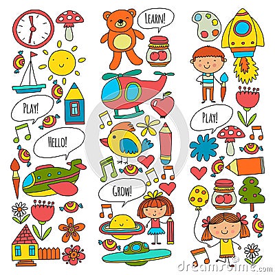 Vector icons and elements. Kindergarten, toys. Little children play, learn, grow together. Vector Illustration