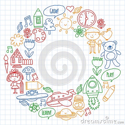 Vector icons and elements. Kindergarten, toys. Little children play, learn, grow together. Vector Illustration