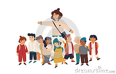 Kindergarten tutor and pupils flat vector illustration. Smiling adult woman and little kids cartoon characters. Primary Vector Illustration