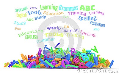 Kindergarten word cloud, stack of alphabets. Stock Photo