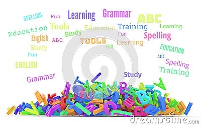 Kindergarten word cloud, stack of alphabets. Stock Photo