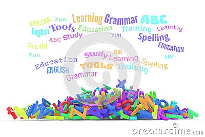 Kindergarten word cloud, stack of alphabets. Stock Photo