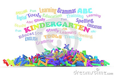 Kindergarten word cloud, stack of alphabets. Stock Photo