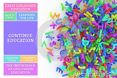 Kindergarten word cloud, stack of alphabets. Stock Photo