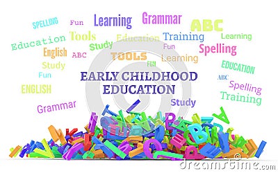 Kindergarten word cloud, stack of alphabets. Stock Photo