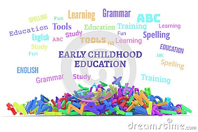 Kindergarten word cloud, stack of alphabets. Stock Photo