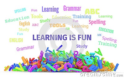 Kindergarten word cloud, stack of alphabets. Stock Photo