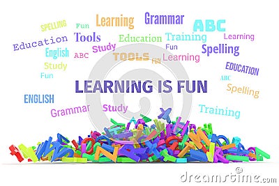 Kindergarten word cloud, stack of alphabets. Stock Photo