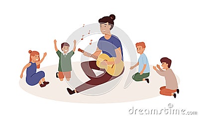 Kindergartener with kids group flat vector illustration. Nursery governess playing guitar. Music and singing lesson Vector Illustration