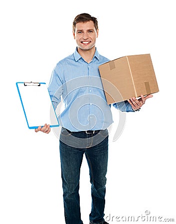Kindly accept the delivery. Courier services Stock Photo