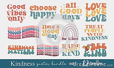 Kindness Kind Good vibes Positive Quotes Collection Set Retro Boho Typographic Art Bundle on White Background Vector Illustration