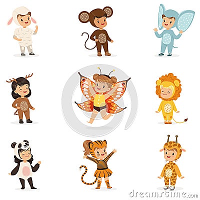 Kinds In Animal Costume Disguise Happy And Ready For Halloween Masquerade Party Collection Of Cute Disguised Infants Vector Illustration