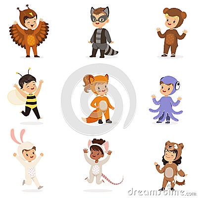 Kinds In Animal Costume Disguise Happy And Ready For Halloween Masquerade Party Set Of Cute Disguised Infants Vector Illustration