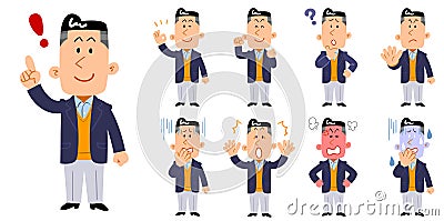 9 kinds of poses and gestures of the whole body of a man wearing a jacket Vector Illustration