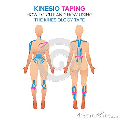 Kinesio taping illustration. How using and how to cut the kinesiology tape. Female body Vector Illustration