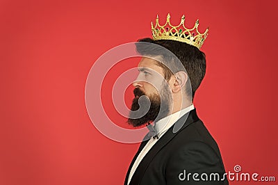 King attribute. Narcissistic king. Self confidence concept. Handsome hipster formal suit. Elite society. Feeling Stock Photo