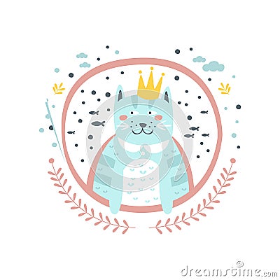 King Cat Fairy Tale Character Girly Sticker In Round Frame Vector Illustration