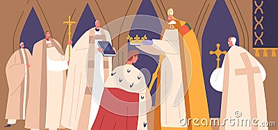 King Character Standing On Knees During Coronation Ceremony, With A Crown Placed On His Head By A Bishop Vector Illustration