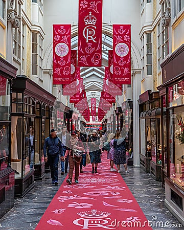 King Charles III Coronation Banners in the Burlington Arcade Editorial Stock Photo