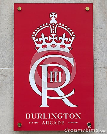 King Charles III Cypher at the Burlington Arcade, London Editorial Stock Photo