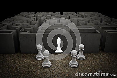 King of chess enters a maze demonstrating competitive advantage corporate or leadership concept. 3D illustration. Cartoon Illustration