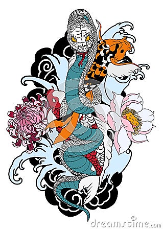 King cobra and koi fish Traditional tattoo.Hand drawn and Asian tattoo design Snake with Koi carp Vector Illustration