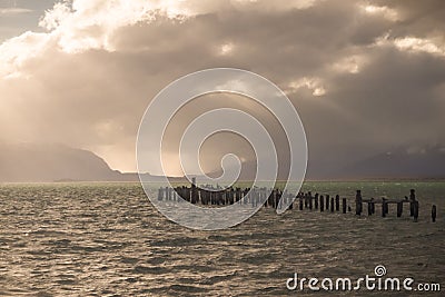 King Cormorant colony, Old Dock, Puerto Natales, Antarctic Patagonia, Chile. Sunset Stock Photo