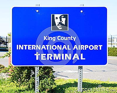 King County International Airport Terminal blue sign Editorial Stock Photo
