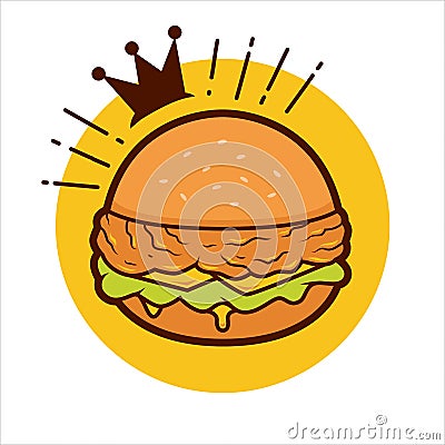 King of crispy chicken burger icon logo illustration with crown Vector Illustration