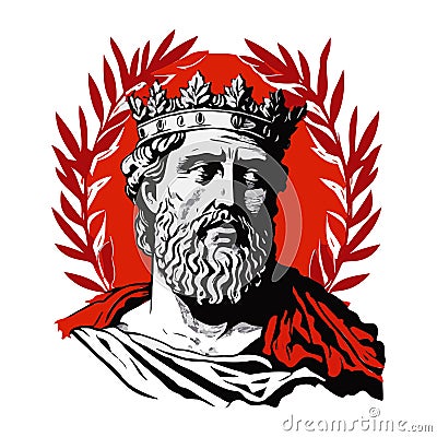 King with crown. Engraved portrait logo. Ink hatching style medieval emblems vector illustration Cartoon Illustration