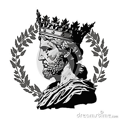 King with crown. Engraved portrait logo. Ink hatching style medieval emblems vector illustration Cartoon Illustration