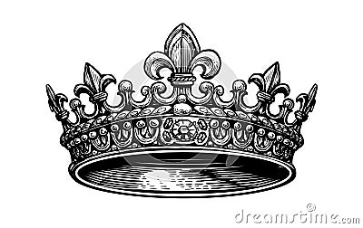 King Crown sketch. Hand drawn royal symbol of power drawn on white. Vintage engraved illustration Vector Illustration