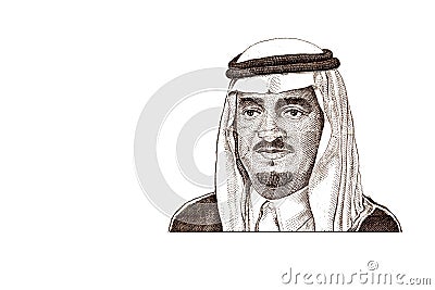 King Fahd bin Abdulaziz Al Saudcut on old one riyal of Saudi Arabia Editorial Stock Photo