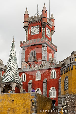 Yellow Watch Tower of Pena Palace, Sintra, Portugal Editorial Stock Photo